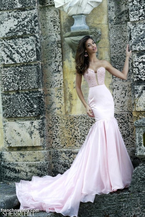strapless long sherri hill prom dress with train
