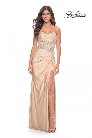 La Femme 32301 Sheer Lace Corset Twist Side Gown