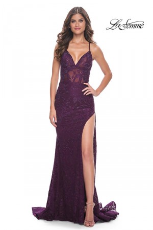 La Femme 32308 Stretch Lace Sheer Top Prom Dress