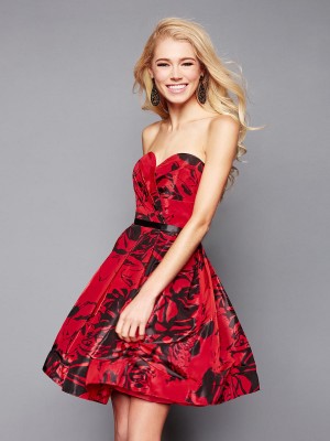Size 0 Red/Black Clarisse 3313 Print Satin Short Party Dress
