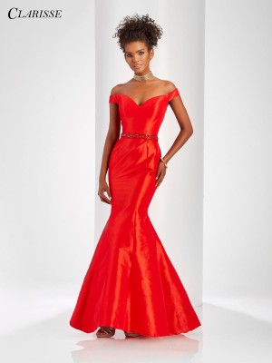 Size 6 Red Clarisse 3443 Off Shoulder Taffeta Mermaid Dress