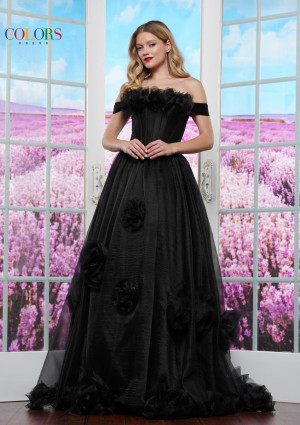 Colors Dress 3489 Off Shoulder Crinkled Organza Gown