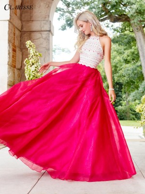 Size 2 Ivory-Fuchsia Clarisse 3507 Ball Gown with Crochet Lace