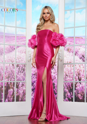 Colors Dress 3616 Fitted Metallic Gown with Rosette Sleeves