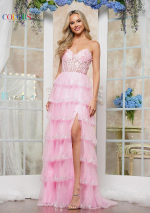 Colors Dress 3635 Floral 3D Tiered Ruffle Gown