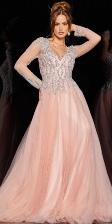 Jovani 36533 Sheer Long Sleeve Beaded Gown