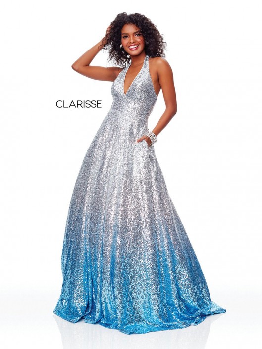 Silver Sequin Halter Prom Dress