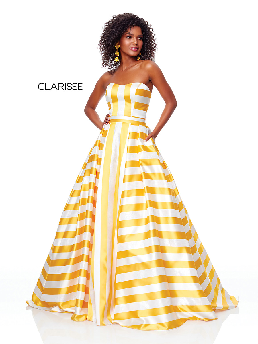 French Novelty: Clarisse 3875 Yellow Stripe Prom Dress