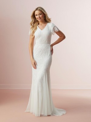 Adrianna Papell Platinum 39005 Modest V Neck Wedding Gown