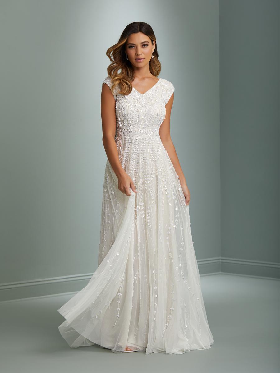 promise Pasture Dignified French Novelty: Adrianna Papell Platinum 39020 Modest Beaded Wedding Gown
