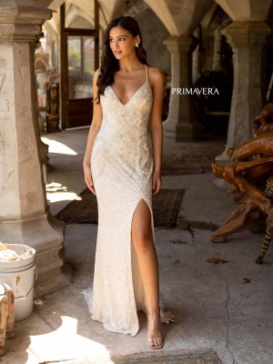 Primavera 3909 Beaded V Neck Prom Dress