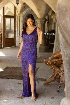 Primavera 3919 Fringe Open Back Prom Dress