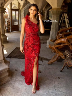 Primavera 3921 One Feather Shoulder Prom Dress