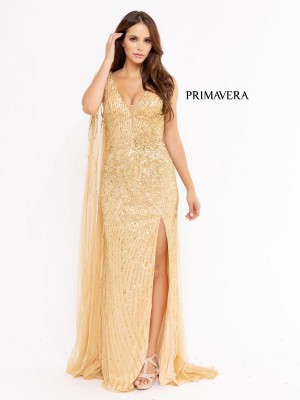 Primavera 3971 Beaded Gown with Shoulder Drapes