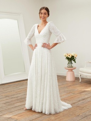 Adrianna Papell Platinum 40386 Bell Sleeve Bridal Gown