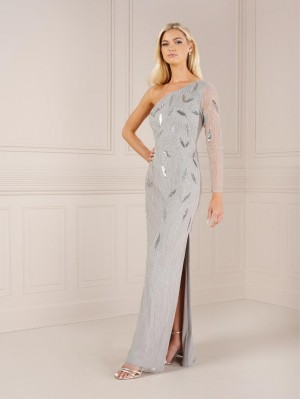 Size 10 Gunmetal Adrianna Papell Platinum 40441 Chic One Long Sleeve Gown