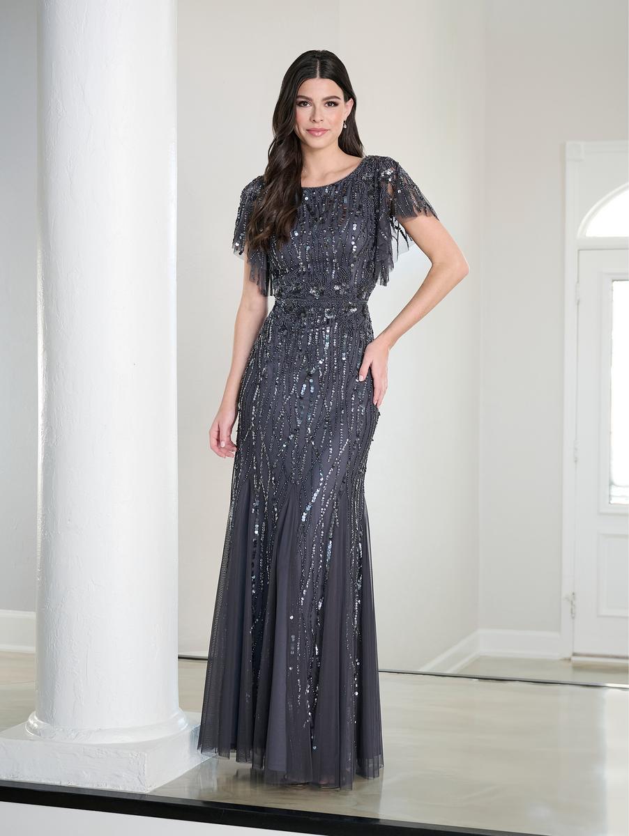French Novelty Adrianna Papell Platinum 40452 Flutter Sleeve Beaded Gown