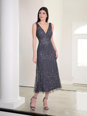 Adrianna Papell Platinum 40456 Beaded Midi Length Dress