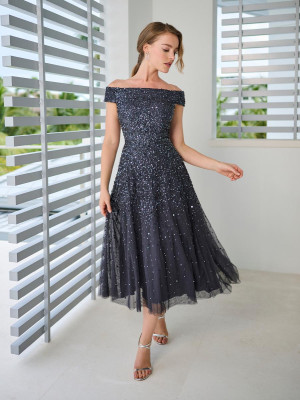 Adrianna Papell Platinum 40471 Off Shoulder Midi Dress