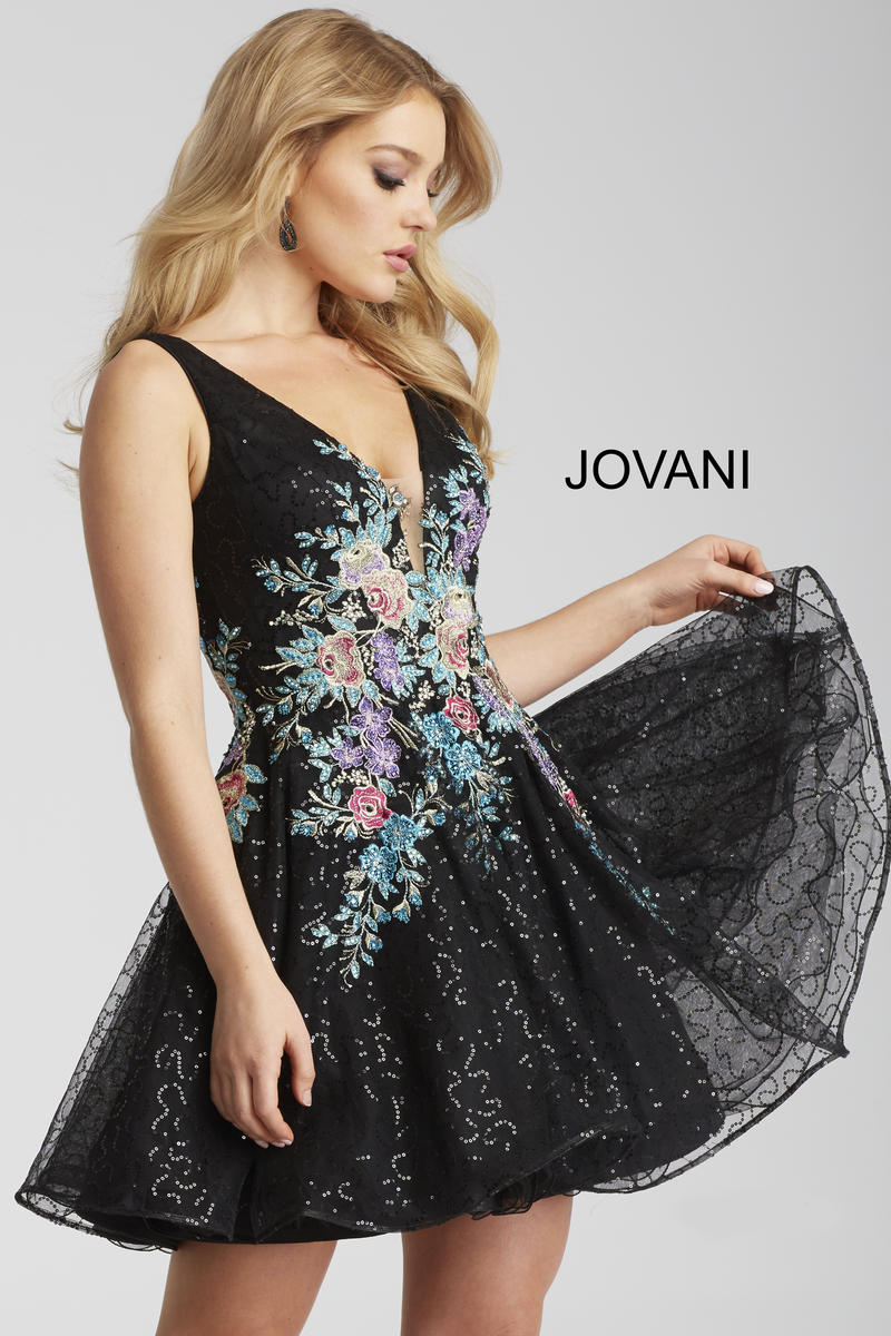 French Novelty: Jovani 41662 Floral Deep V Short Party Dress
