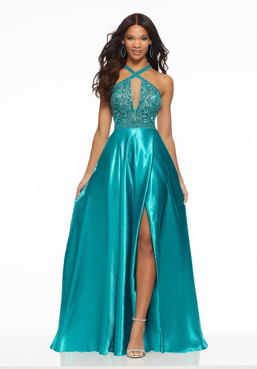 French Novelty: Morilee 43042 Beaded Satin Keyhole Prom Gown