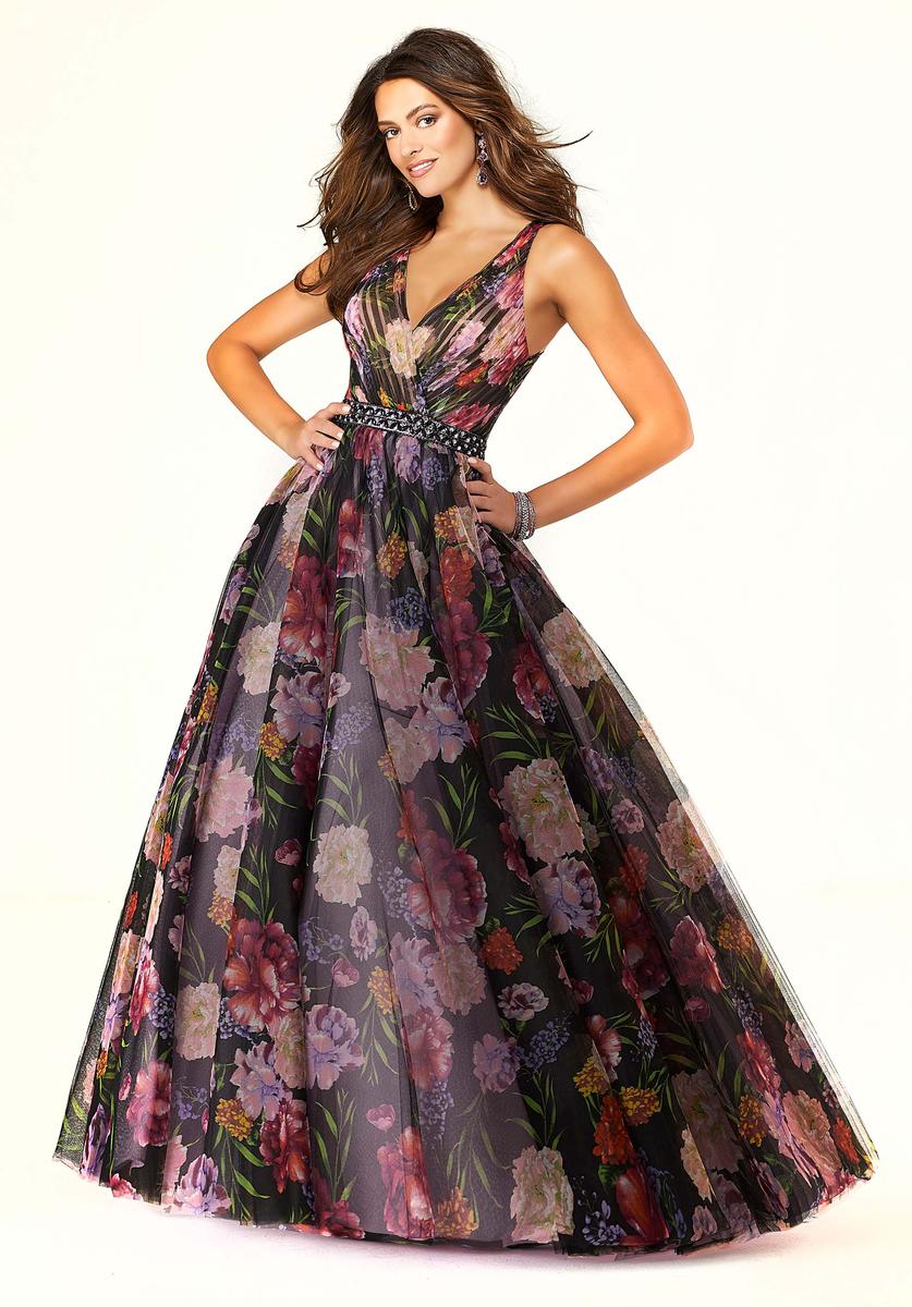 French Novelty Size 0 Black/Multi Morilee 45084 Floral Prom Dress