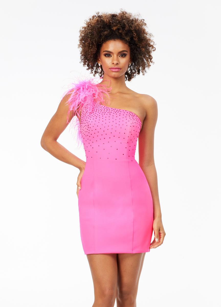 French Novelty: Ashley Lauren 4527 Feather One Shoulder Short Dress