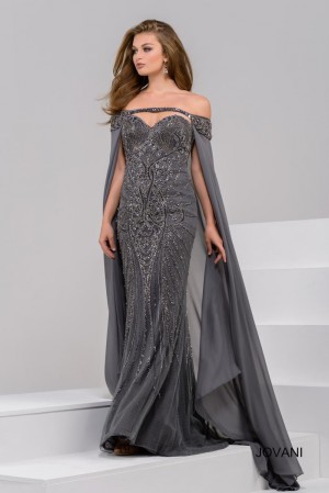 Jovani 45566 Beaded Gown with Off Shoulder Long Cape