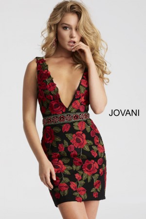 Jovani 45743 Floral Deep V Cocktail Dress
