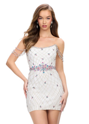 Ashley Lauren 4702 Jeweled Draped Shoulder Cocktail Dress