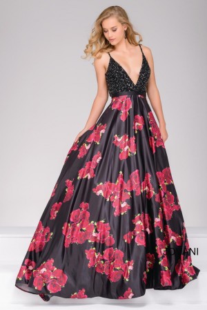 Jovani 47419 Deep V Neck Floral Print Gown