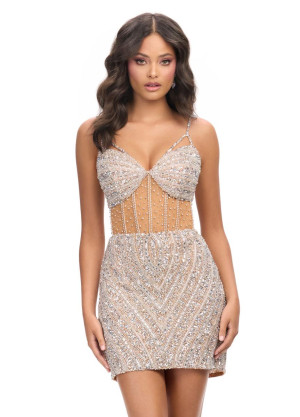 Ashley Lauren 4748 Sheer Corset Beaded Cocktail Dress