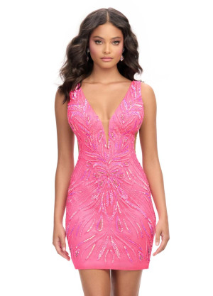Ashley Lauren 4790 Beaded V Back Sheer Side Cocktail Dress