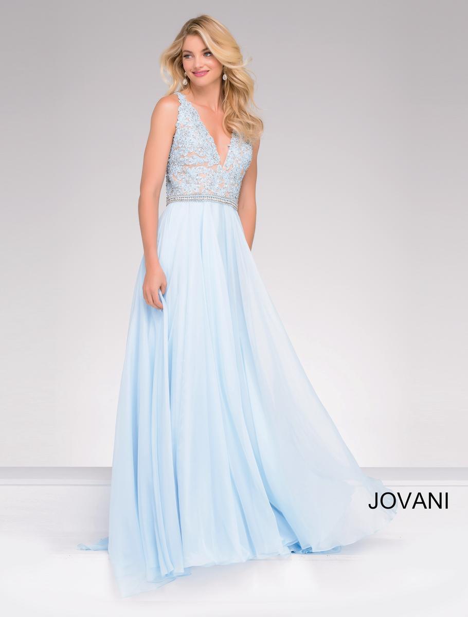 French Novelty Jovani 47948 V Neck Lace Prom Dress