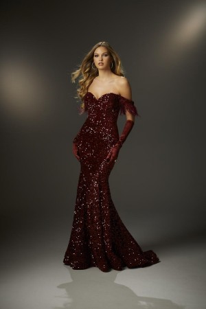 Morilee 48021 Sequin Velvet Gown with Feathers