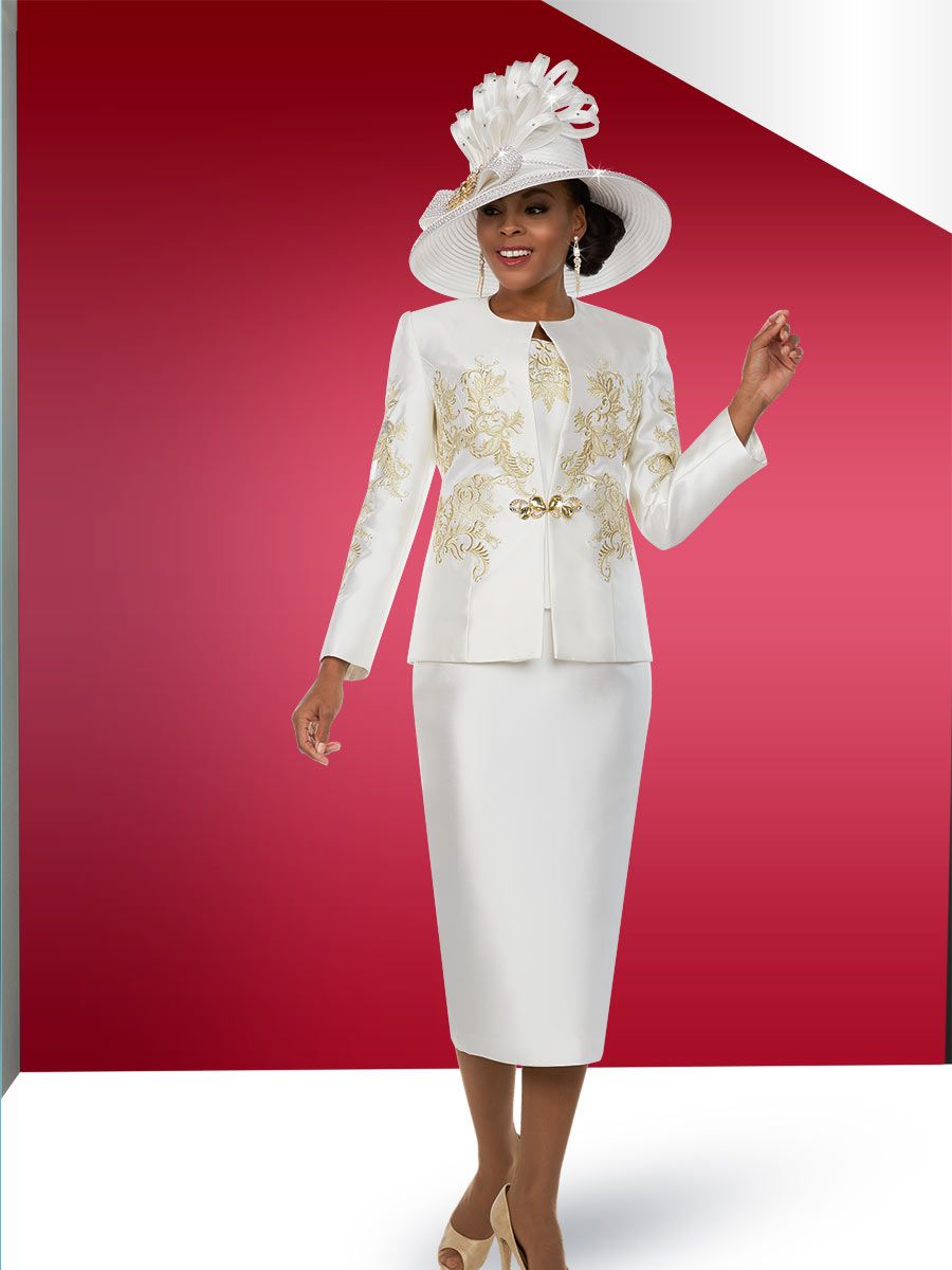 French Novelty: Ben Marc 48101 Ladies Off White Church Suit with Gold