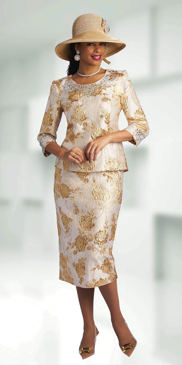 Lily and Taylor 4819 Gold Floral 2 Piece Church Dress