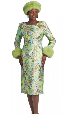 Lily and Taylor 4825 Print Church Dress with Fur Cuffs