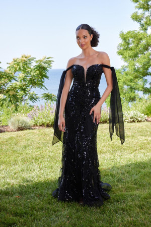 Morilee 49166 Dazzling Beaded Off Shoulder Tie Gown