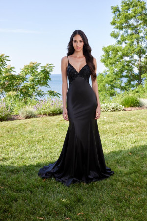 Morilee 49170 Slinky Satin Gown with Sequin Lace