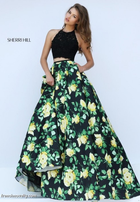 two piece black floral prom dress