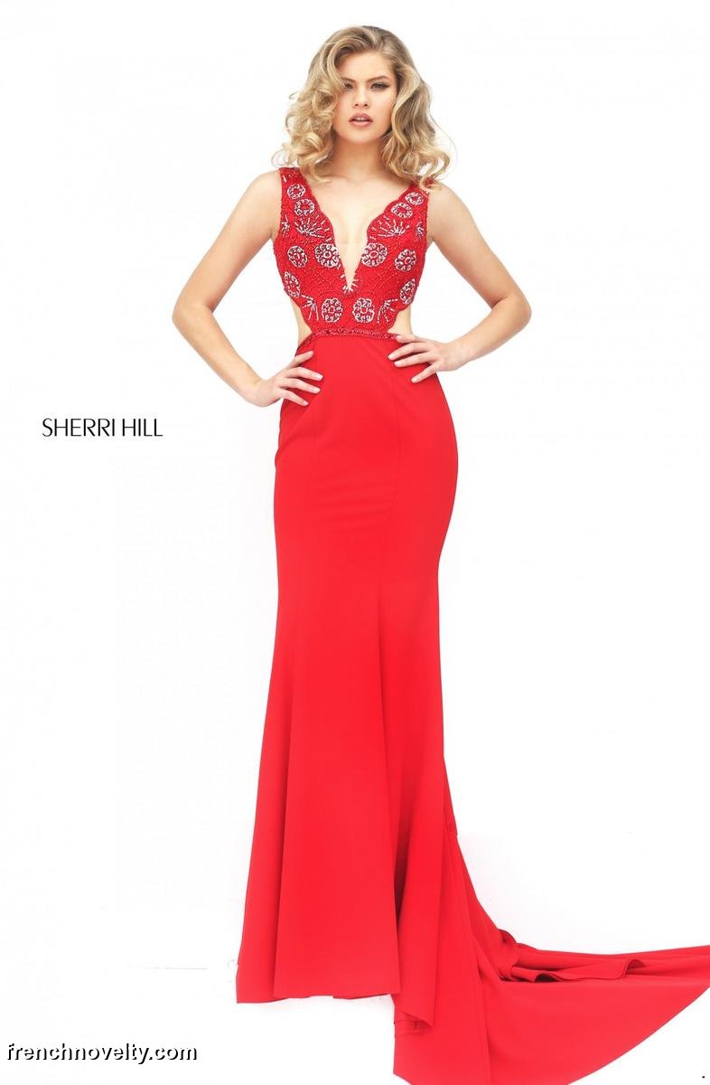Sherri Hill 50202 Deep V Neck Gown with Ruffle Back: French Novelty