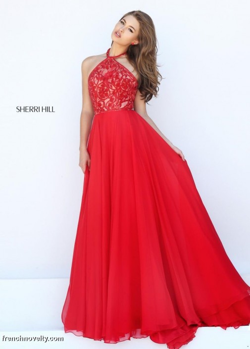 Red Beaded Halter Prom Dress