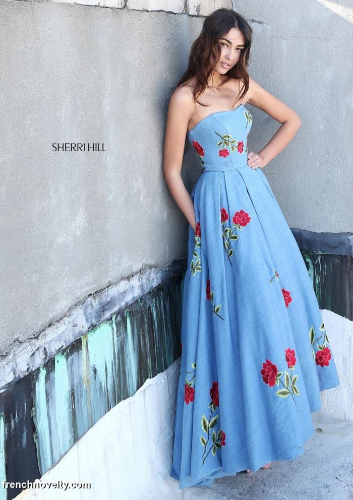 Sherri Hill 51154 Denim  High Low Prom  Dress  French Novelty