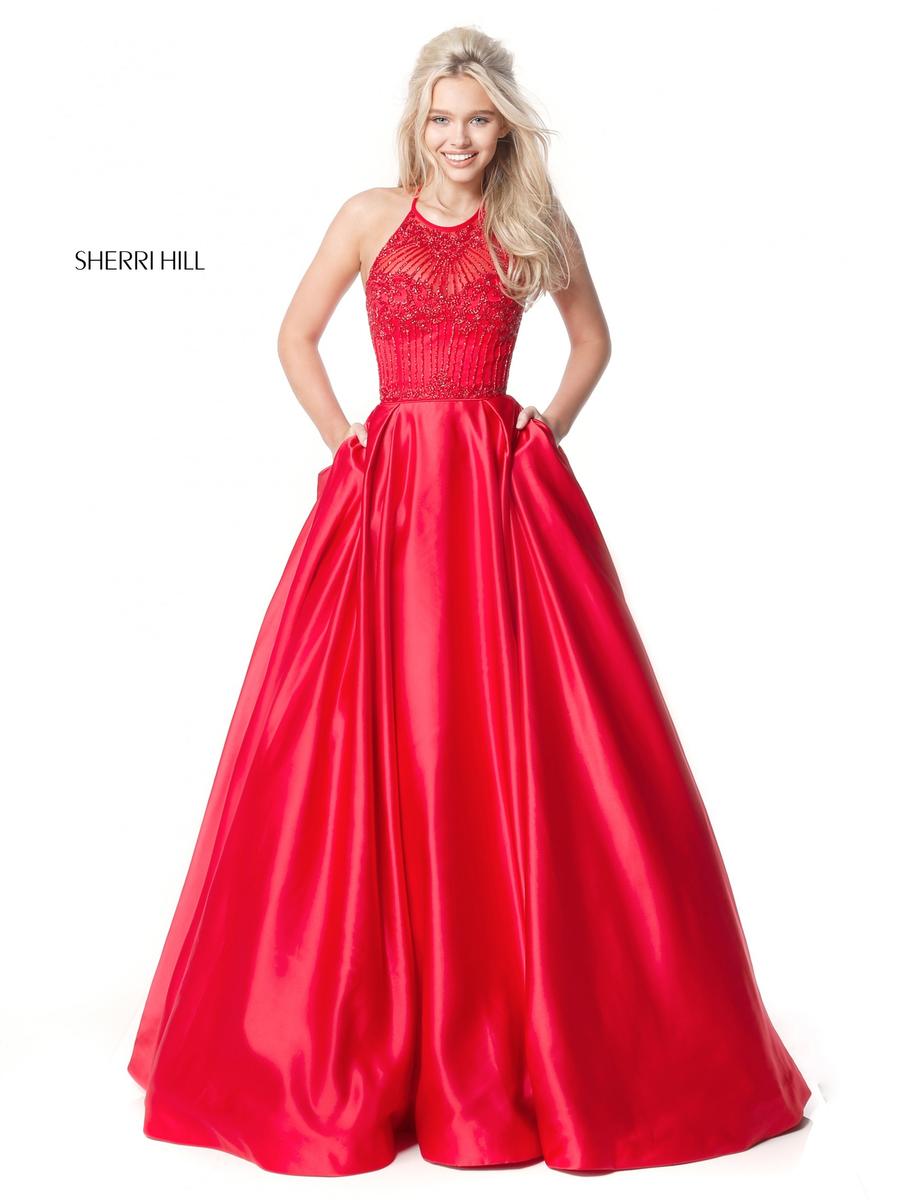 French Novelty: Sherri Hill 51395 Halter Gown with Beading and Pockets