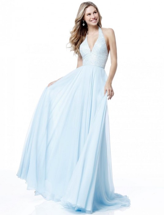 light blue halter prom dress
