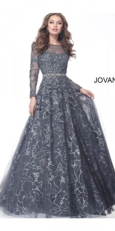Jovani 51838 Sheer Long Sleeve A-Line Glitter Gown