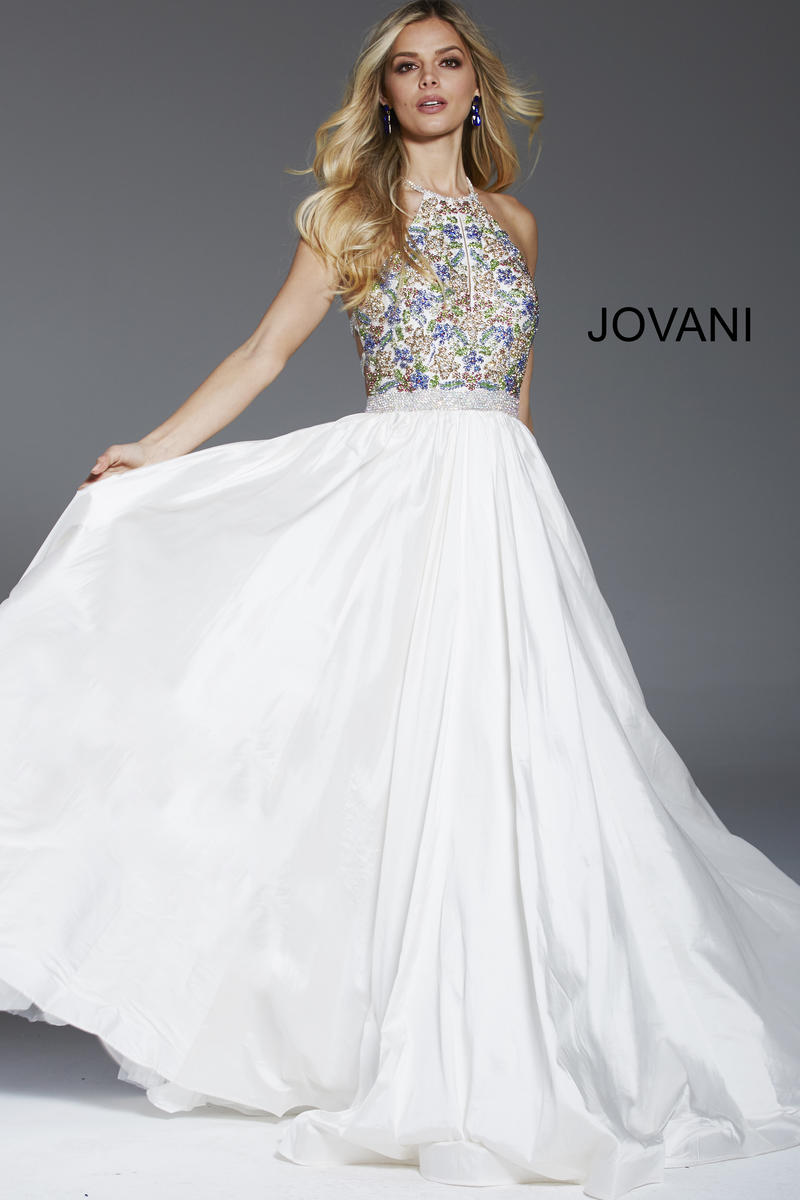 French Novelty Jovani 52177 Colorful Halter Gown with Strappy Back