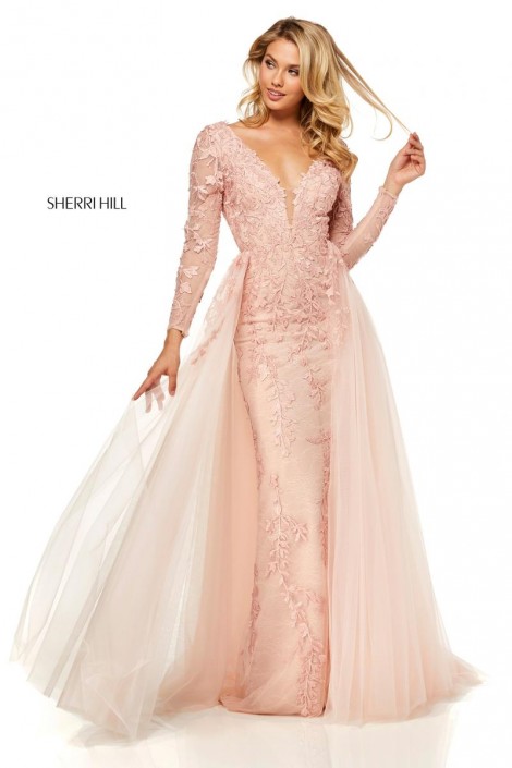 long sleeve gown with overskirt