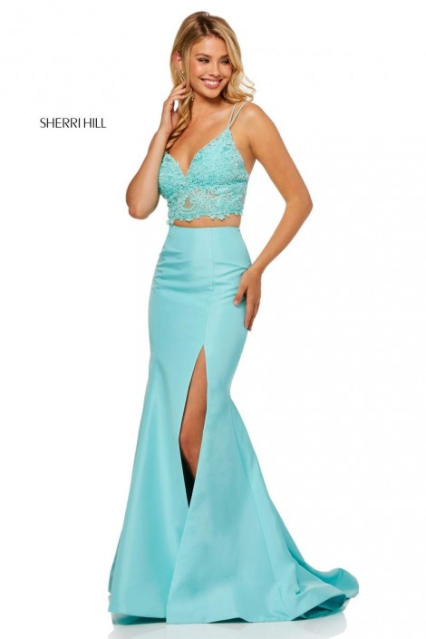 2 piece teal prom dress